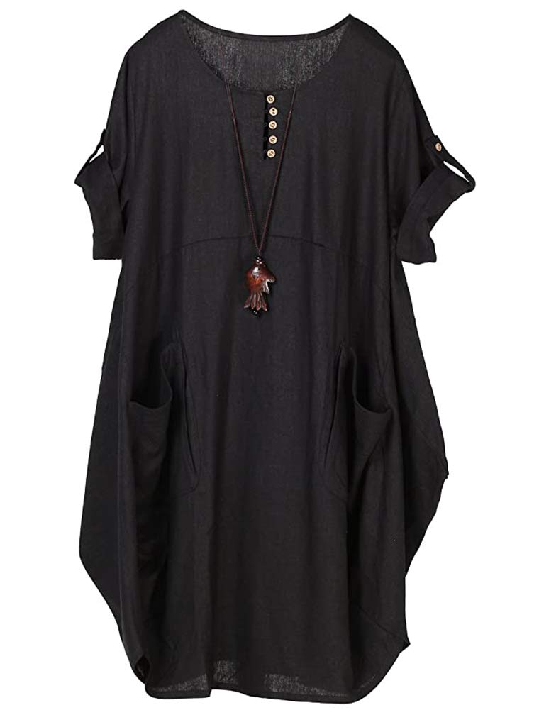 LaovanIn Women's Plus Size Tunic Dress Summer Cotton Linen T Shirt Knee-Length Dresses Large Black - Image 4